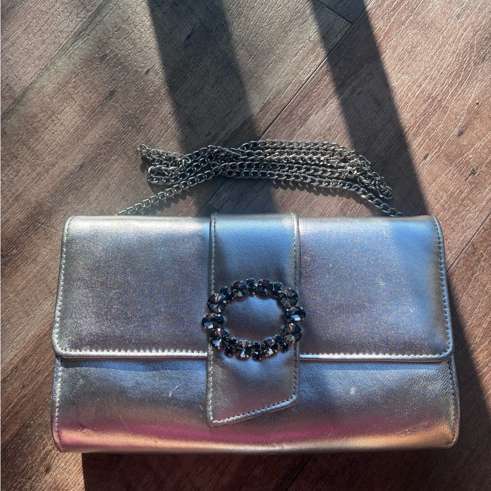 Dune London Metallic Silver Clutch with Chain